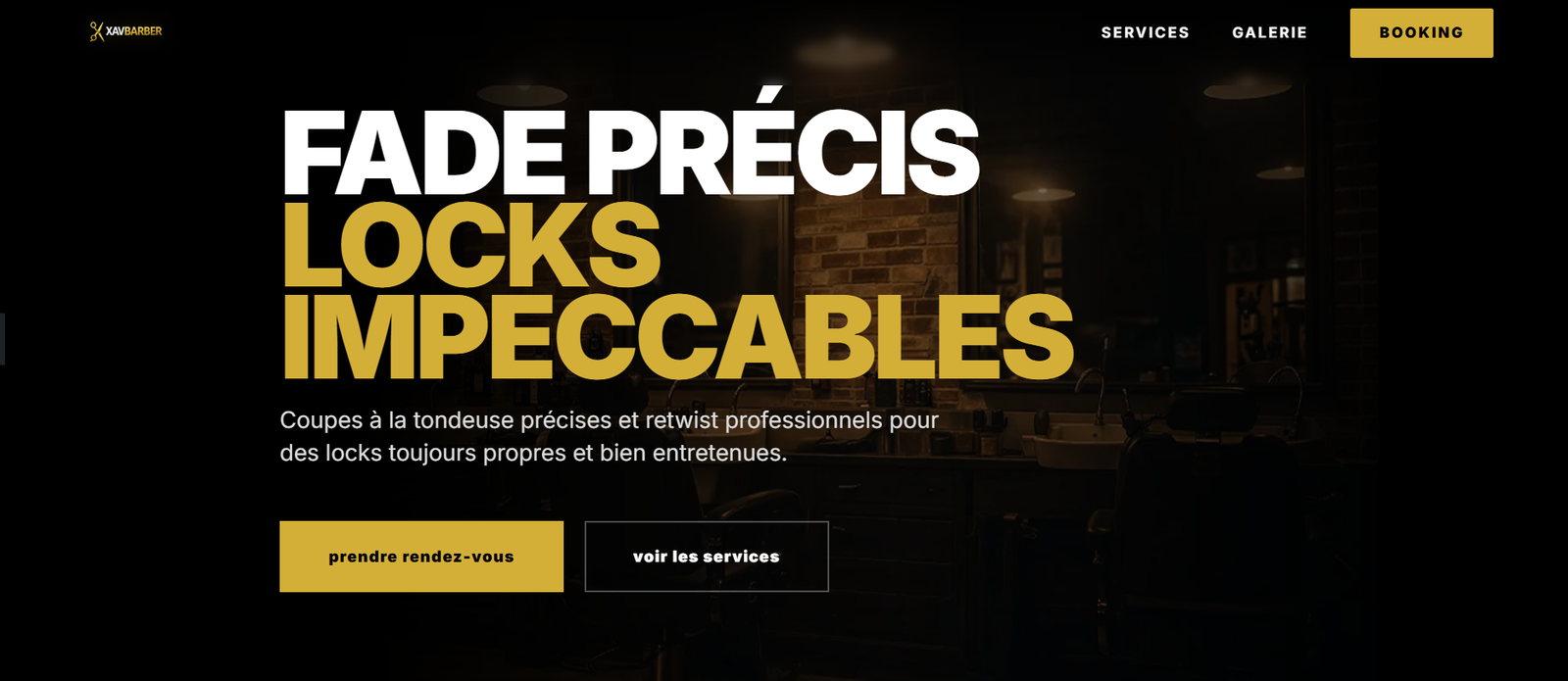 Page d’accueil du site Xav Barber : « Fade précis, locks impeccables », avec prise de rendez-vous