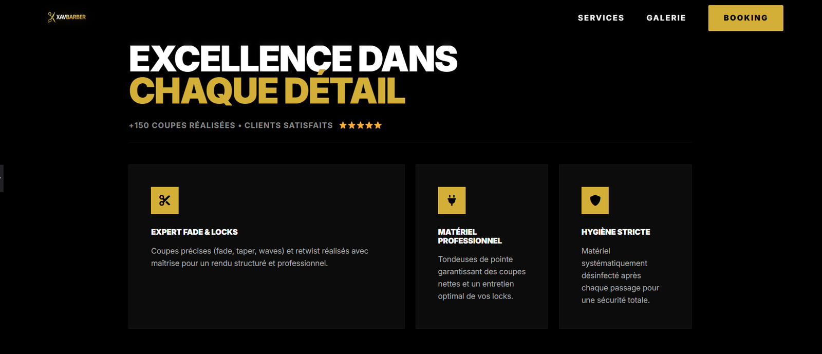 Section « Excellence dans chaque détail » : expertise fade et locks, matériel professionnel, hygiène stricte