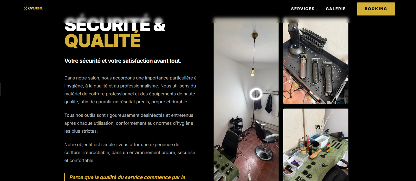 Section sécurité et qualité, illustrée par les photos du salon et du matériel