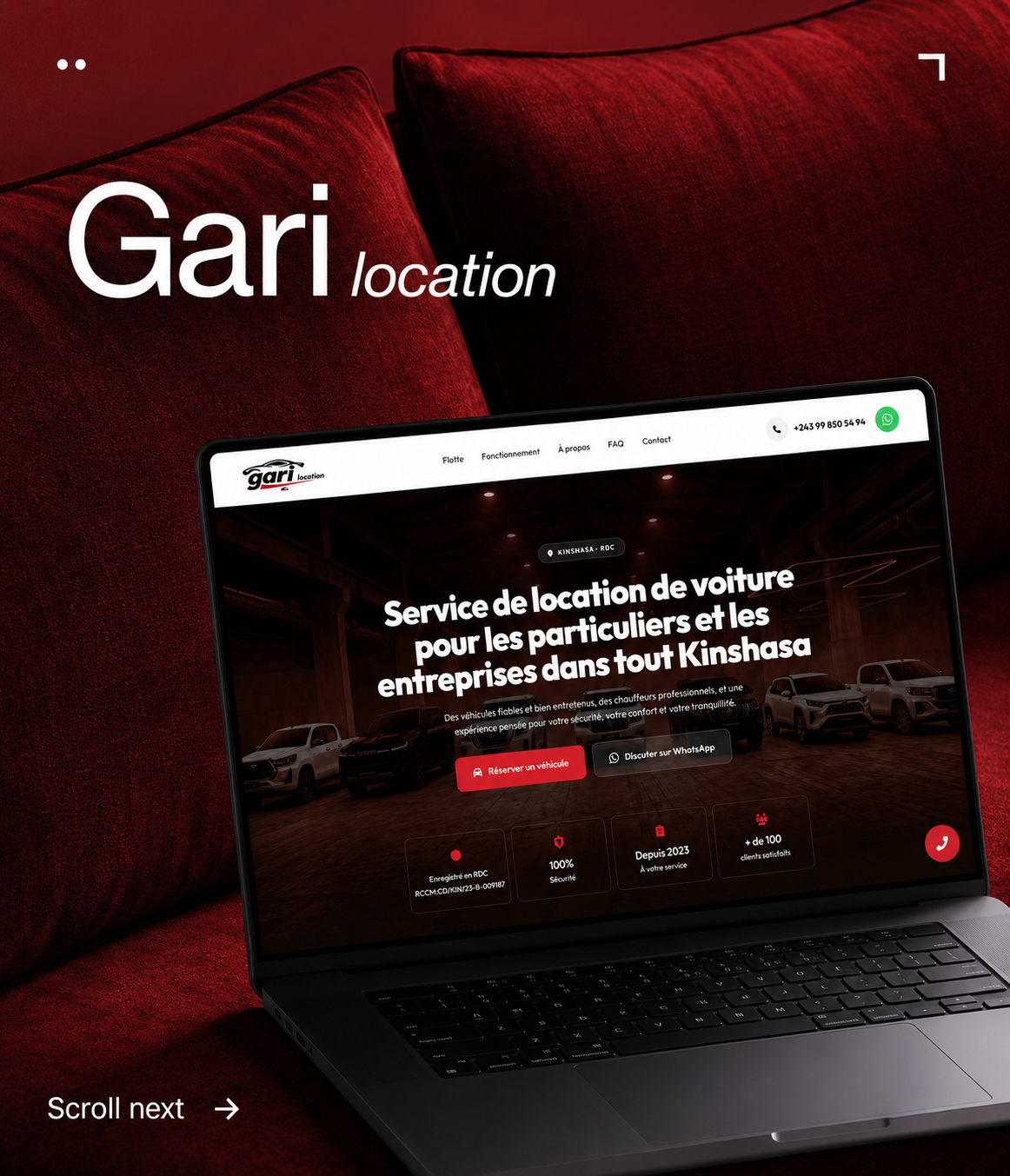 Le site Gari Location présenté sur un ordinateur portable, aux couleurs de la nouvelle identité