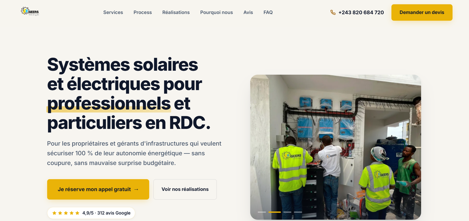 Site GEERS, systèmes solaires et électriques en RDC