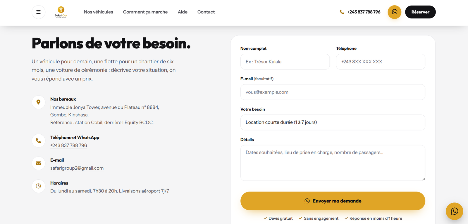 Le site SafariCar, écran 8 sur 9