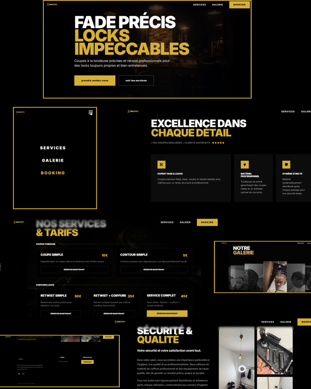 Planche de l’univers Xav Barber : les écrans du site, du menu à la galerie, en noir et or